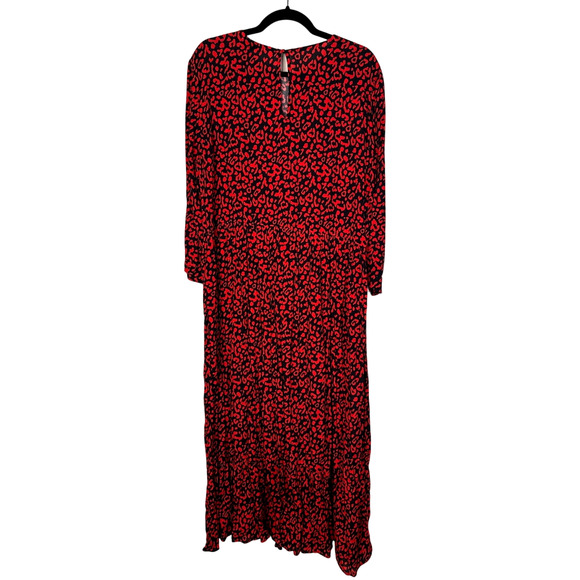 NEW! Zara Womans L Leopard Print Midi Dress Long Sleeve 100% Viscose Red Black - Picture 3 of 7